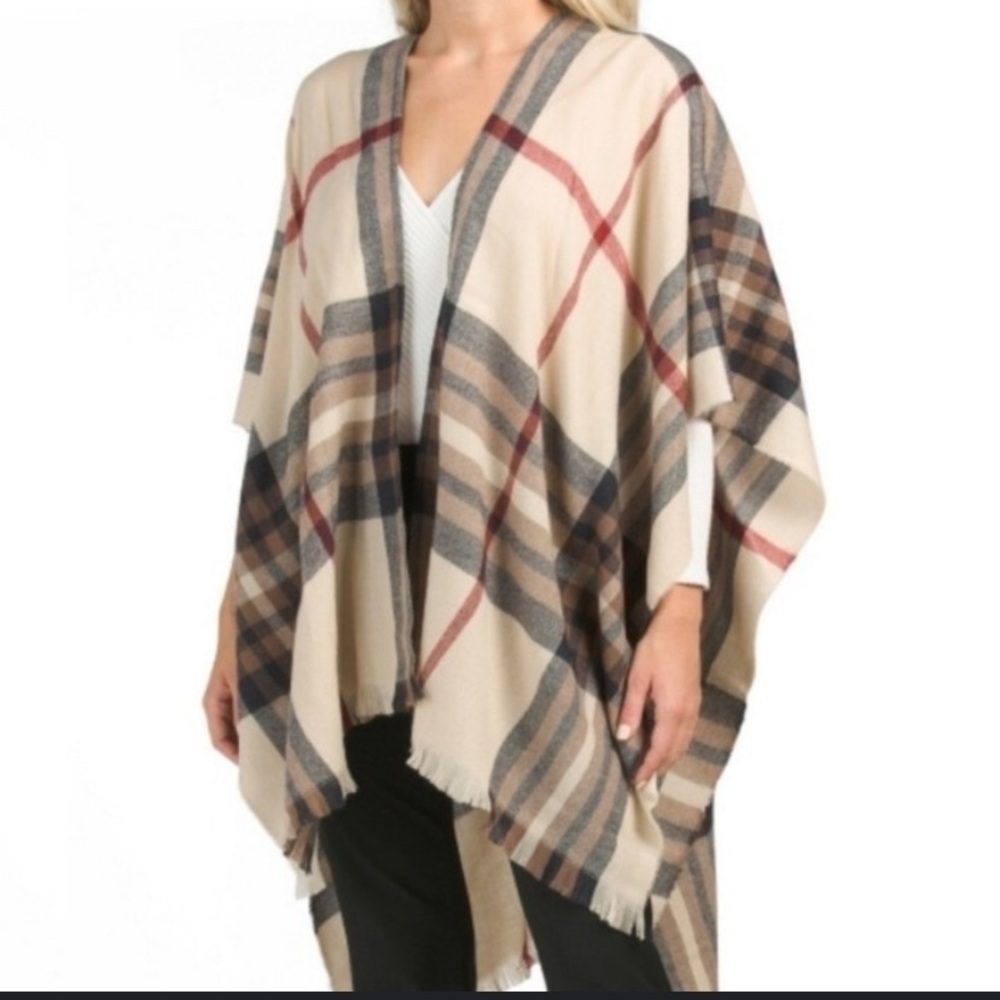 V. FRAAS Plaid Poncho in Cream, Tan, and Black
